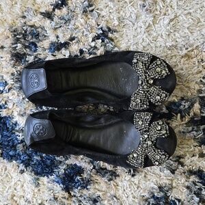 Tory Burch Black Ballet Leather Flats Bedazzled Bow US Size 8.5